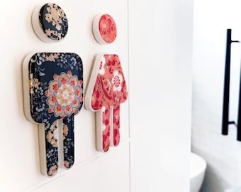 Decorative Bathroom Sign, Small Male Female WC Sign - Black & Red Floral