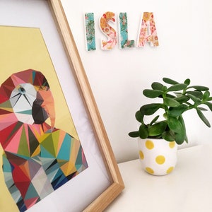 Peut inclure: Une impression encadr&eacute;e d'un perroquet g&eacute;om&eacute;trique color&eacute; sur fond jaune. L'impression est accroch&eacute;e &agrave; un mur blanc avec une pancarte de nom &agrave; motifs floraux qui lit "ISLA" au-dessus. Une petite plante en pot avec des feuilles vertes est sur une surface blanche sous l'impression.