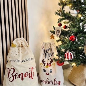 Hotte du père Noël - Hotte personnalisée enfant/adulte avec prénom - Sac cadeau personnalisé - Renne de Noël - Cadeau de noël - Sac Cotton