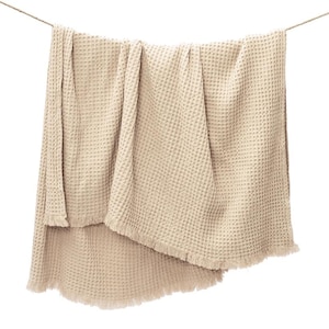 100% Cotton Waffle Weave Throw Blanket with Fringes, 50”x 60”(128 x 152 cms), Sand, Oeko-Tex Certified, 260 GSM handmade throw for couch