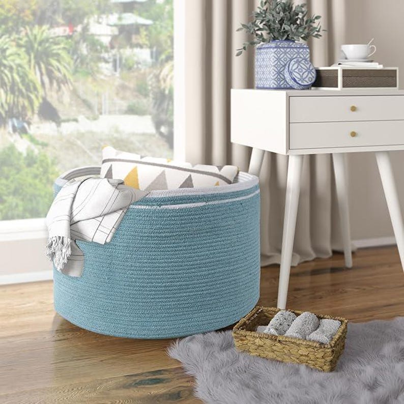 VECELO Large Round Storage Basket With Handles - 21.7x13.8 Woven Cotton Rope Basket For Blankets, Toys & Laundry - Jute/Black
