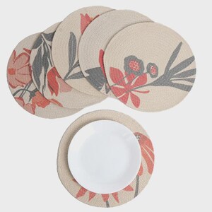Orange Floral Cotton Braided Placemats (Set of 6) – 13.5&quot;, Washable, Anti-Slip, Heat-Resistant Boho Mats for Kitchen & Dining Decor