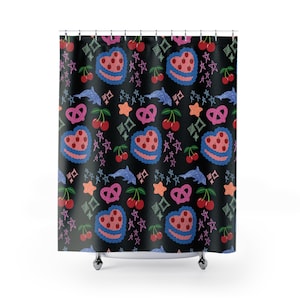 Whimsical Shower Curtain for Fun Bathrooms, Colorful Home Decor, Cute Gift for Kids, Fruit & Stars Theme, Bathroom Accessories, Celebration