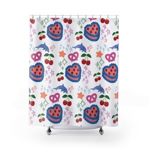 Whimsical Shower Curtain for Fun Bathrooms, Colorful Home Decor, Cute Gift for Kids, Fruit & Stars Theme, Bathroom Accessories, Celebration