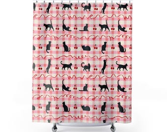 Shower Curtains - Black Cat with Cherry on Pink Background, Cat Lover Bathroom Decor, Unique Shower Curtain, Cat Owner Home Accessories,