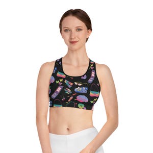 Girly Things Sports Bra, Cute Athletic Crop Top, Trendy Workout Gear, Fitness Wear for Women, Gym Y2K Fashion, Patterned Activewear