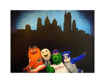 Horizontal Matte Posters Philly Phriends Philadelphia Sports Mascots Painting, Eagles 76ers Phillies Flyers Gift