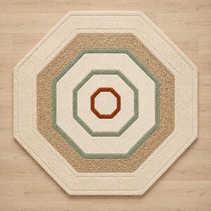 Handgetufteter Wollteppich, achteckiger geometrischer Teppich, beige-salbeigrüner Wollteppich, skandinavischer Japandi-Teppich, Schlafzimmer- und Wohnzimmerdekoration