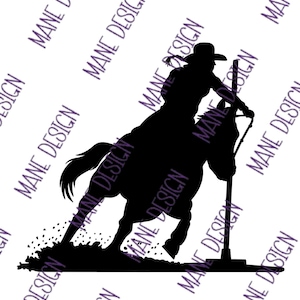 May include: Silhouette of a cowgirl riding a horse and holding a pole in a rodeo competition.