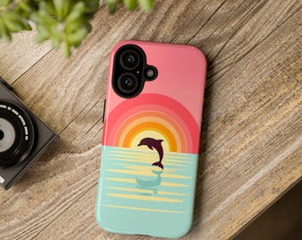 Cover per telefono Retro Sunset Dolphin | Cover resistente anni '70 Rainbow Ocean, cover per iPhone e Samsung con spiaggia pastello, regalo estivo per lei