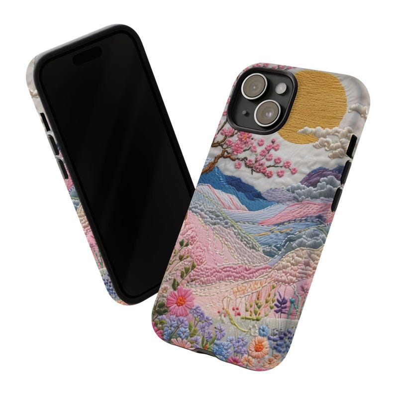 Capa para celular com paisagem bordada | Capa resistente em tons pastel de pôr do sol com cerejeiras em flor, arte japonesa, capa para iPhone e Samsung, presente para ela imagem 5