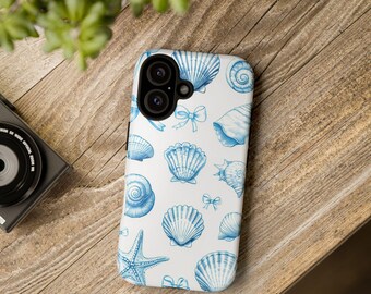 Custodia per telefono con conchiglie blu | Custodia resistente con motivo marino a conchiglie e fiocchi, cover per iPhone e Samsung con design da spiaggia, regalo estivo per lei