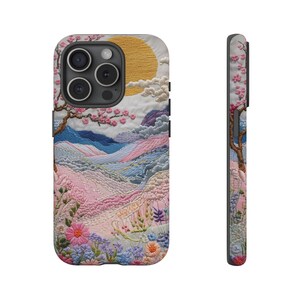 Capa para celular com paisagem bordada | Capa resistente em tons pastel de pôr do sol com cerejeiras em flor, arte japonesa, capa para iPhone e Samsung, presente para ela imagem 16