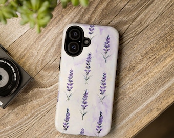May include: A rectangular smartphone case featuring a light purple and white watercolor-style background patterned with multiple vertical sprigs of purple lavender flowers and green stems, including a black camera lens cutout at the top left.