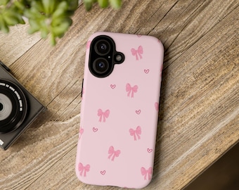 Pink Bow Phone Case | Coquette Pastel Hearts Tough Case, Balletcore Aesthetic iPhone Samsung Cover, Cute Gift for Her