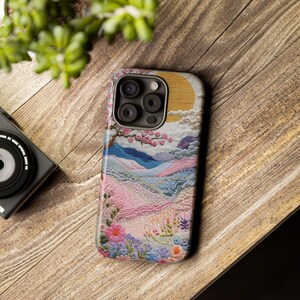 Capa para celular com paisagem bordada | Capa resistente em tons pastel de pôr do sol com cerejeiras em flor, arte japonesa, capa para iPhone e Samsung, presente para ela imagem 15