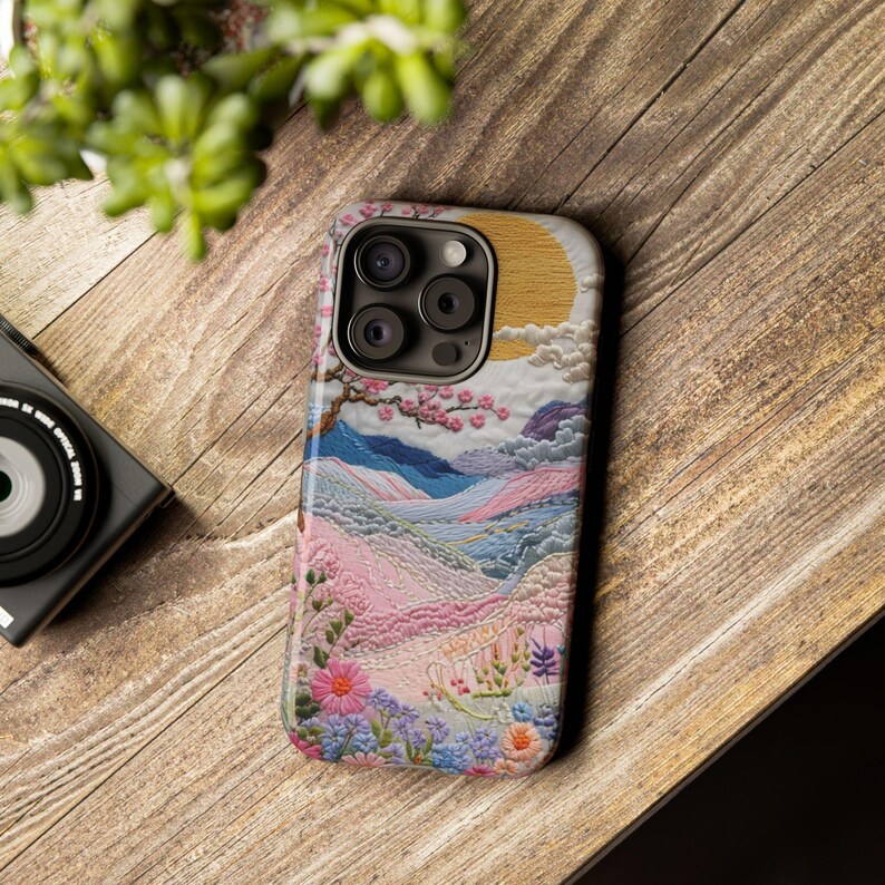Capa para celular com paisagem bordada | Capa resistente em tons pastel de pôr do sol com cerejeiras em flor, arte japonesa, capa para iPhone e Samsung, presente para ela imagem 15