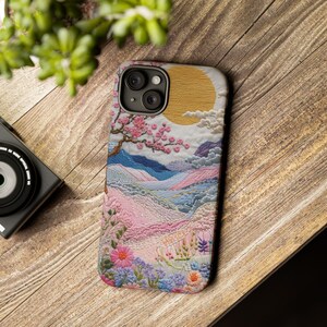 Capa para celular com paisagem bordada | Capa resistente em tons pastel de pôr do sol com cerejeiras em flor, arte japonesa, capa para iPhone e Samsung, presente para ela imagem 12