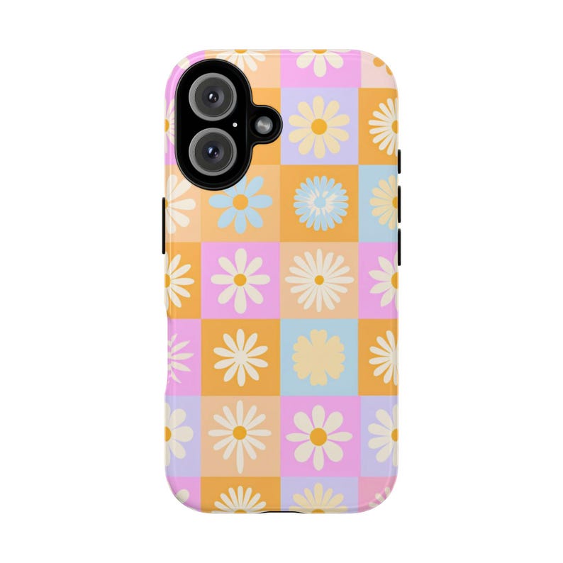 Funda para teléfono Retro Daisy a cuadros | Funda resistente con estampado floral de tablero de ajedrez en tonos pastel, funda danesa para iPhone y Samsung, regalo para ella. imagen 2