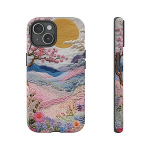 Capa para celular com paisagem bordada | Capa resistente em tons pastel de pôr do sol com cerejeiras em flor, arte japonesa, capa para iPhone e Samsung, presente para ela imagem 2