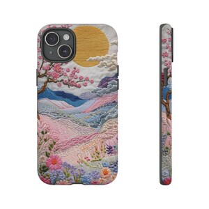 Capa para celular com paisagem bordada | Capa resistente em tons pastel de pôr do sol com cerejeiras em flor, arte japonesa, capa para iPhone e Samsung, presente para ela imagem 10