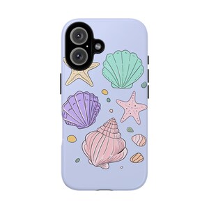 Custodia per telefono con conchiglie pastello | Custodia resistente con conchiglia a stella marina lilla, cover per iPhone e Samsung con sirena e spiaggia, un grazioso regalo estivo per lei immagine 2