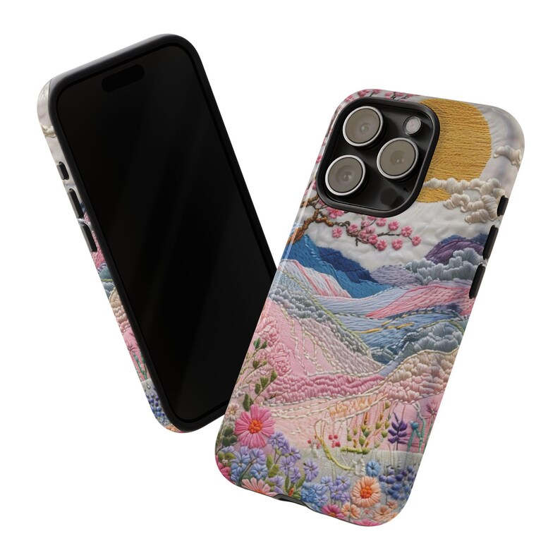 Capa para celular com paisagem bordada | Capa resistente em tons pastel de pôr do sol com cerejeiras em flor, arte japonesa, capa para iPhone e Samsung, presente para ela imagem 14