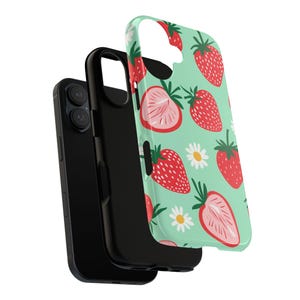 Strawberry Phone Case | Cute Fruit and Daisy Pattern Tough Case, Mint Green Cottagecore iPhone Samsung Cover, Gift for Her image 4