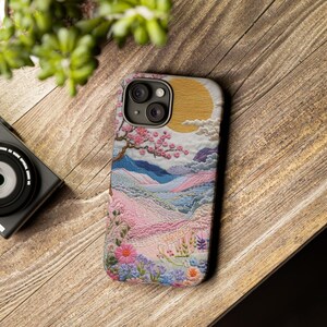 Capa para celular com paisagem bordada | Capa resistente em tons pastel de pôr do sol com cerejeiras em flor, arte japonesa, capa para iPhone e Samsung, presente para ela imagem 6