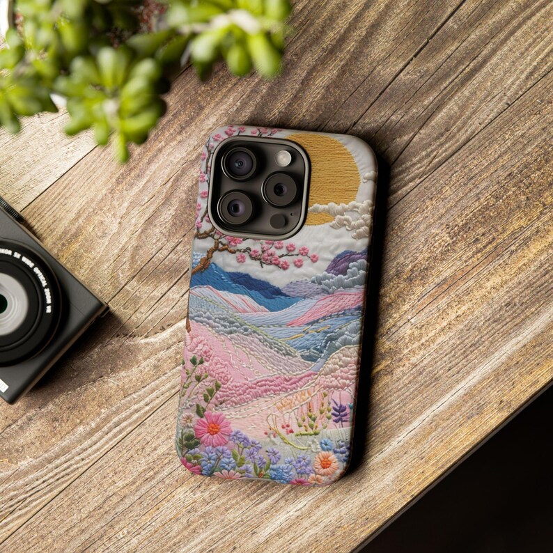 Capa para celular com paisagem bordada | Capa resistente em tons pastel de pôr do sol com cerejeiras em flor, arte japonesa, capa para iPhone e Samsung, presente para ela imagem 18