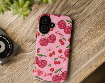 Cherry Phone Case | Pink Coquette Fruit Tough Case with Bows, Retro Cherry Print iPhone Samsung Cover, Gift for Her