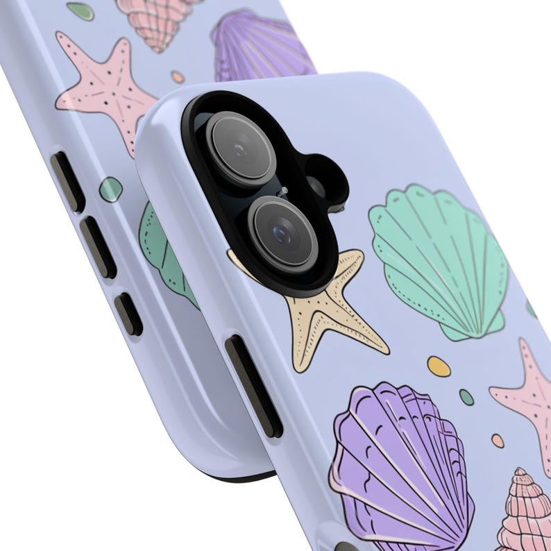 Custodia per telefono con conchiglie pastello | Custodia resistente con conchiglia a stella marina lilla, cover per iPhone e Samsung con sirena e spiaggia, un grazioso regalo estivo per lei immagine 3