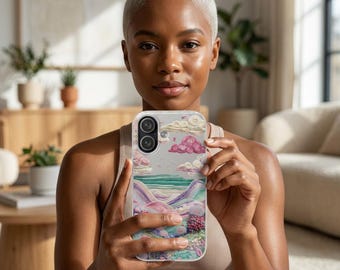 Capa para celular com paisagem em tons pastel | Capa resistente com bordado de nuvens e colinas encantadoras, capa divertida para iPhone e Samsung, presente para ela