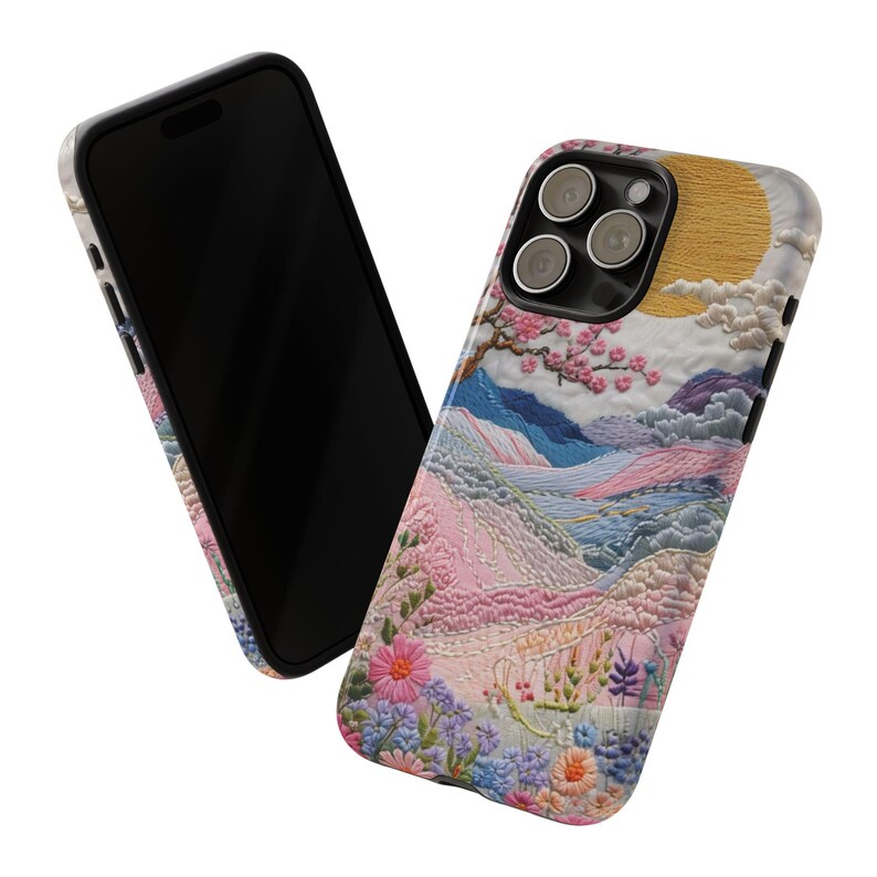 Capa para celular com paisagem bordada | Capa resistente em tons pastel de pôr do sol com cerejeiras em flor, arte japonesa, capa para iPhone e Samsung, presente para ela imagem 20
