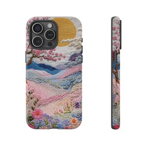Capa para celular com paisagem bordada | Capa resistente em tons pastel de pôr do sol com cerejeiras em flor, arte japonesa, capa para iPhone e Samsung, presente para ela imagem 19