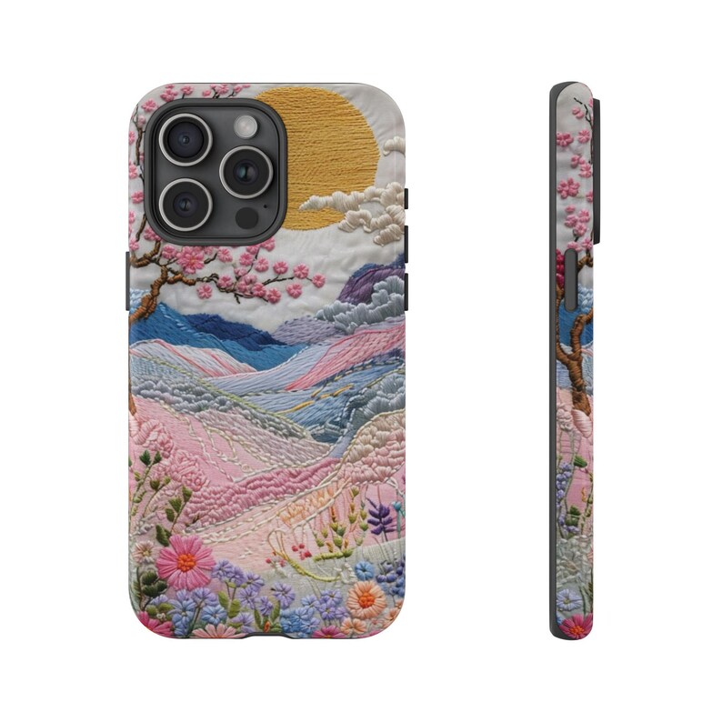 Capa para celular com paisagem bordada | Capa resistente em tons pastel de pôr do sol com cerejeiras em flor, arte japonesa, capa para iPhone e Samsung, presente para ela imagem 19