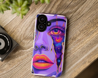 Capa para celular com rosto psicodélico | Capa resistente com retrato de galáxia derretida em neon, arte alucinante para iPhone e Samsung, presente exclusivo