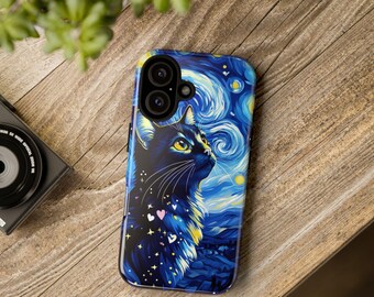 Capa para celular com estampa de gato em uma noite estrelada | Capa resistente com arte de gato preto em espiral no céu, estilo impressionista, para iPhone e Samsung, presente para amantes de gatos