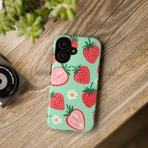 Strawberry Phone Case | Cute Fruit and Daisy Pattern Tough Case, Mint Green Cottagecore iPhone Samsung Cover, Gift for Her image 1