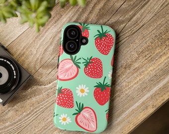 Strawberry Phone Case | Cute Fruit and Daisy Pattern Tough Case, Mint Green Cottagecore iPhone Samsung Cover, Gift for Her