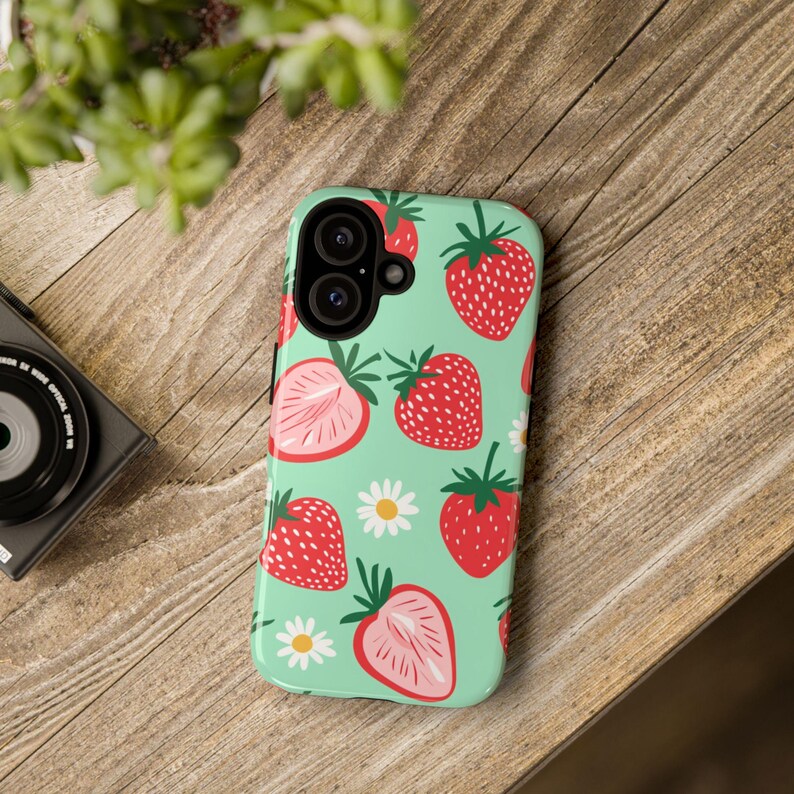 Strawberry Phone Case | Cute Fruit and Daisy Pattern Tough Case, Mint Green Cottagecore iPhone Samsung Cover, Gift for Her image 1