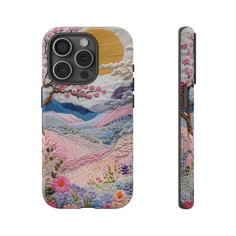 Capa para celular com paisagem bordada | Capa resistente em tons pastel de pôr do sol com cerejeiras em flor, arte japonesa, capa para iPhone e Samsung, presente para ela imagem 13