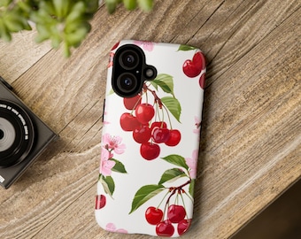 Cherry Phone Case | Red Cherries and Pink Blossom Tough Case, Cute Fruit Coquette iPhone Samsung Cover, Gift for Her