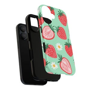 Strawberry Phone Case | Cute Fruit and Daisy Pattern Tough Case, Mint Green Cottagecore iPhone Samsung Cover, Gift for Her image 7