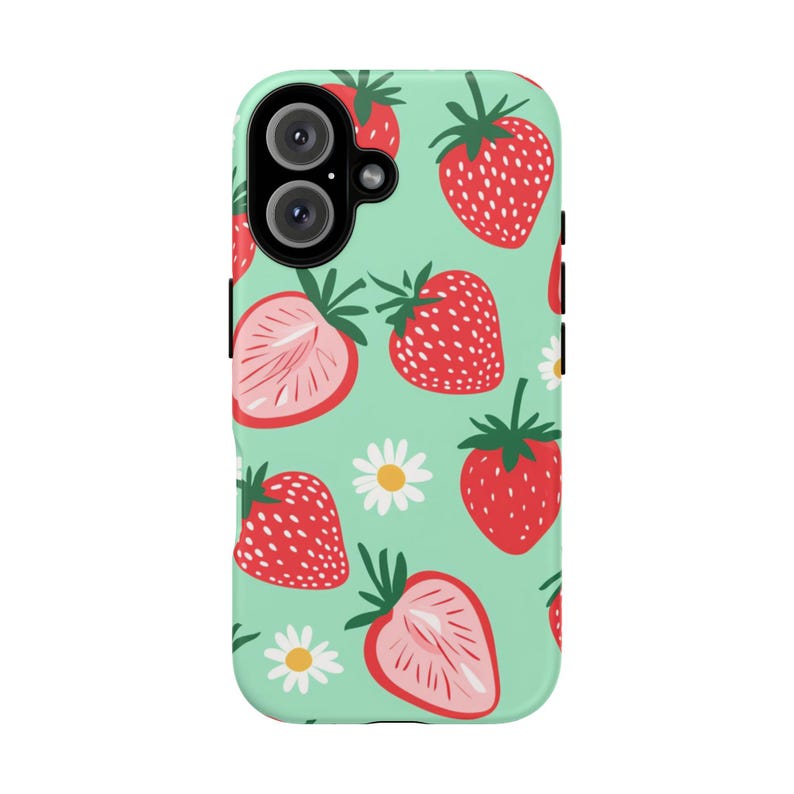 Strawberry Phone Case | Cute Fruit and Daisy Pattern Tough Case, Mint Green Cottagecore iPhone Samsung Cover, Gift for Her image 5