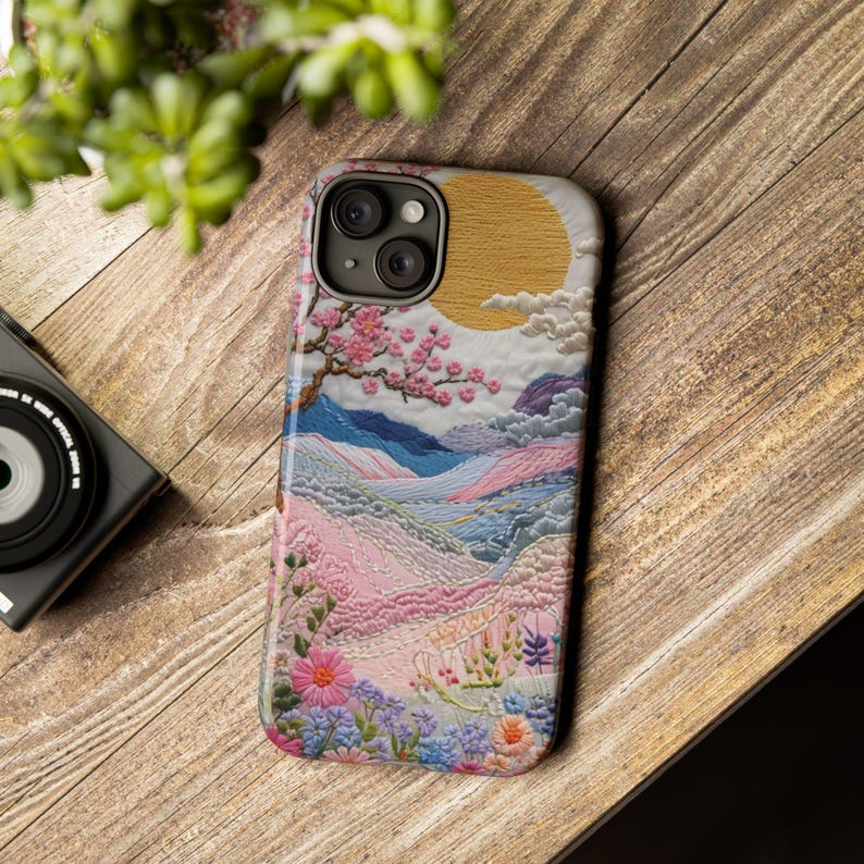 Capa para celular com paisagem bordada | Capa resistente em tons pastel de pôr do sol com cerejeiras em flor, arte japonesa, capa para iPhone e Samsung, presente para ela imagem 9