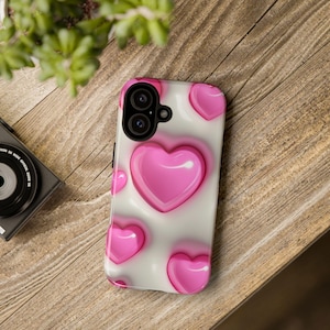 Pink 3D Heart Phone Case | Puffy Glossy Hearts Tough Case, Coquette Valentine iPhone Samsung Cover, Cute Gift for Her image 1