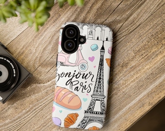 Bonjour Paris Phone Case | Eiffel Tower Macaron Croissant Tough Case, French Aesthetic iPhone Samsung Cover, Travel Gift