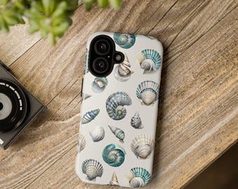 Custodia per telefono con conchiglie | Custodia resistente con motivo a conchiglie nautiche blu, cover per iPhone e Samsung con tema spiaggia e costa, regalo per gli amanti dell'oceano