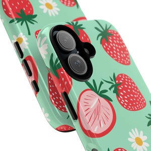 Strawberry Phone Case | Cute Fruit and Daisy Pattern Tough Case, Mint Green Cottagecore iPhone Samsung Cover, Gift for Her image 3